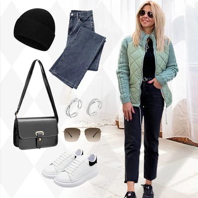 Gestrickte Patchwork-Pufferjacke für Damen